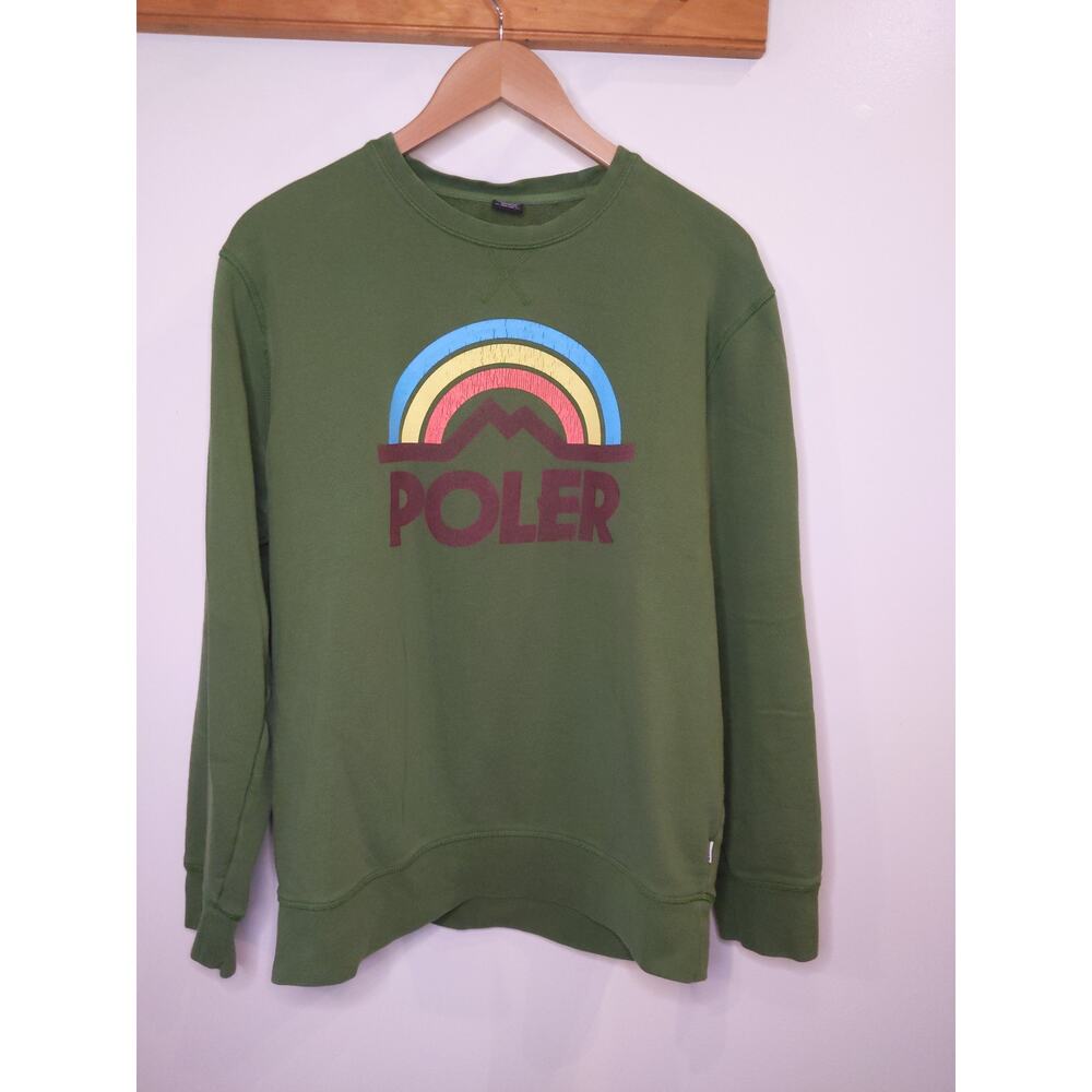 Poler Outdoor Stuff Rainbow Logo Crewneck Sweatshirt Olive Green Women's L